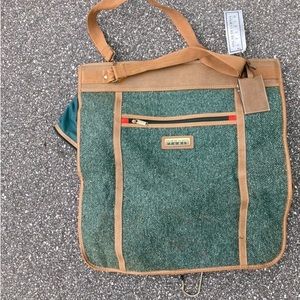 Vintage Oscar De La Renta Tan & Green Tweed Folding Garment Bag Designer Luggage